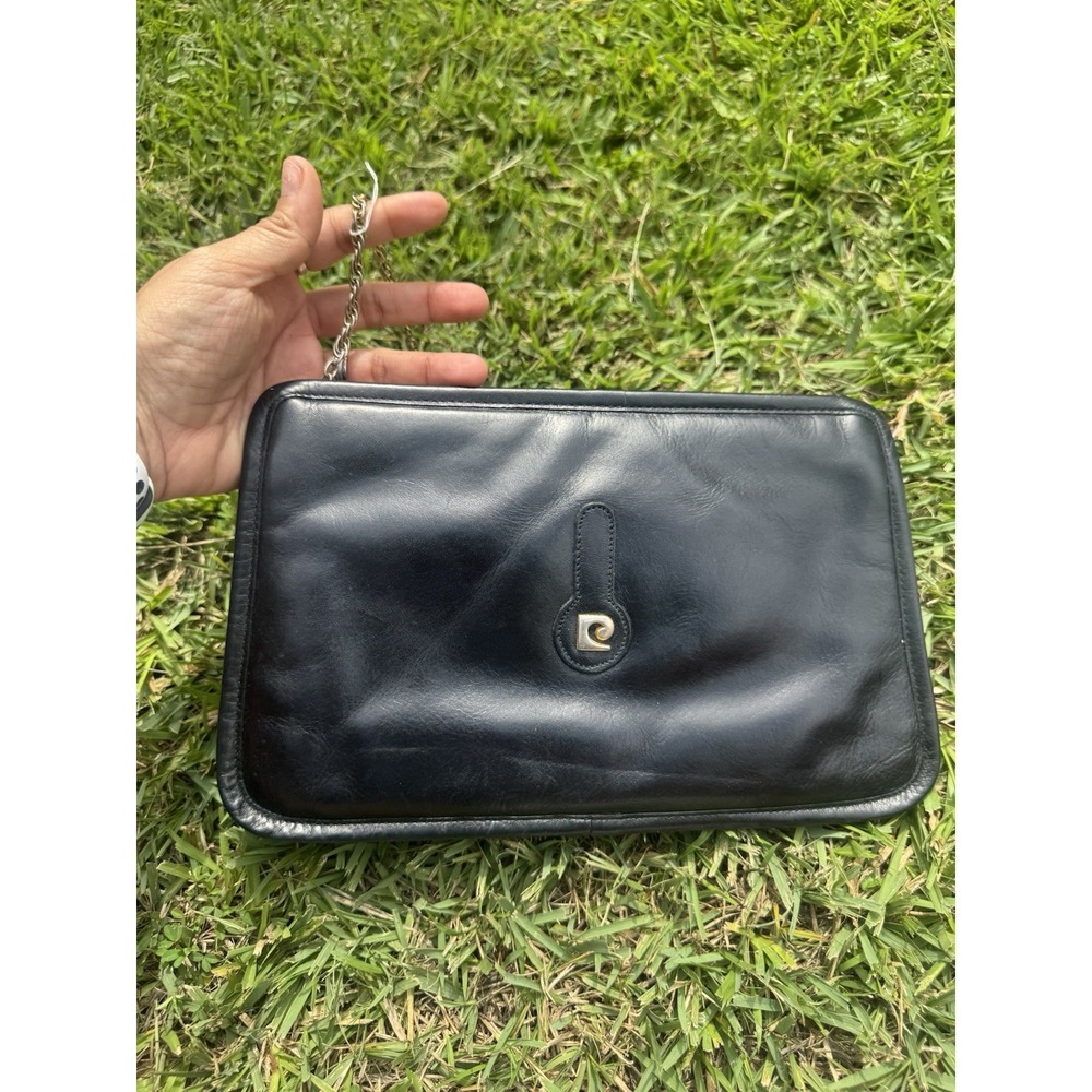 Vintage Pierre Cardin Black Leather Chain Strap Clutch Shoulder Bag Purse
